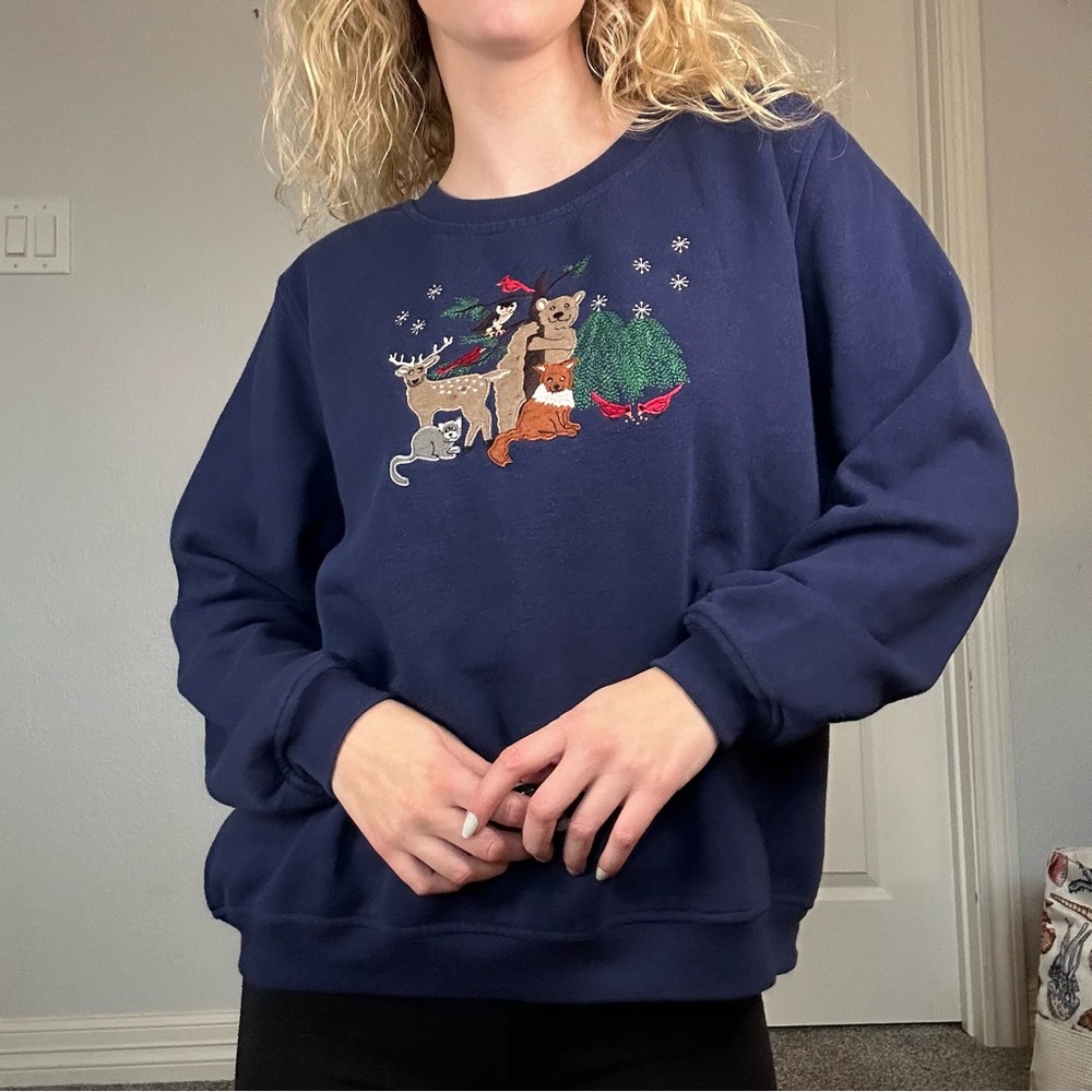 Women’s Rebecca Malone Petite Navy Woodland Creatures Sweatshirt Size Petite Lg